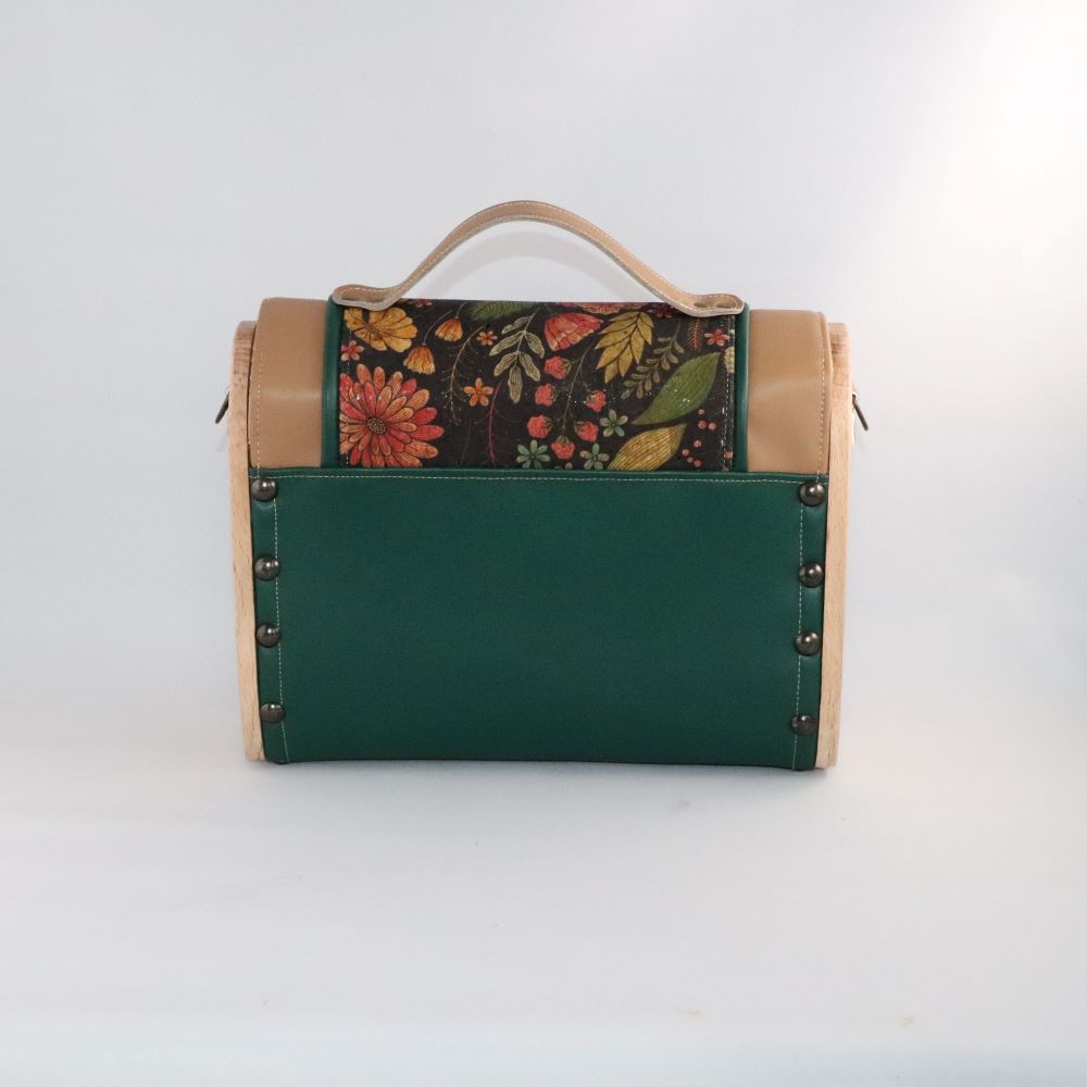 Petit sac cartable bois, alter-cuir de raisin vert et camel et liège imprimé 38
