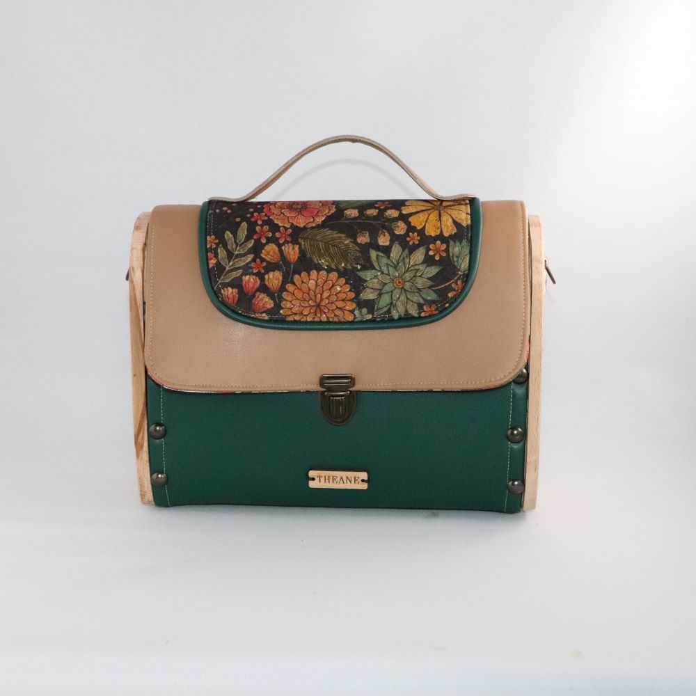 Petit sac cartable bois, alter-cuir de raisin vert et camel et liège imprimé 38