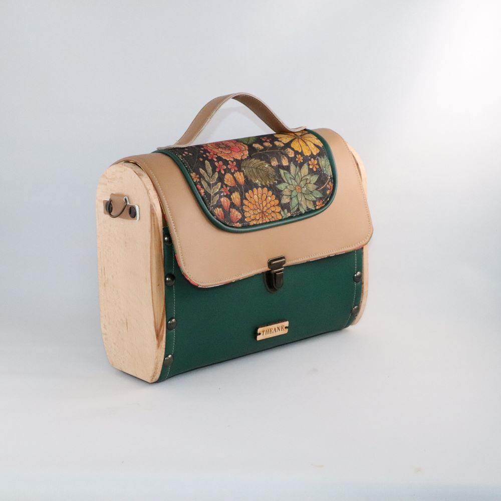 Petit sac cartable bois, alter-cuir de raisin vert et camel et liège imprimé 38