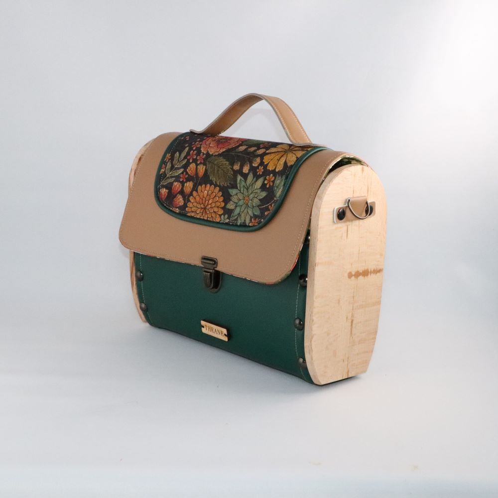Petit sac cartable bois, alter-cuir de raisin vert et camel et liège imprimé 38