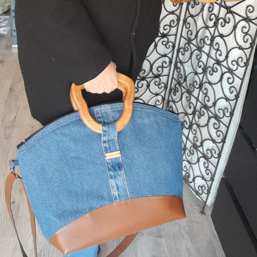Sac jean et alter-cuir de raisin poignées en bois 80