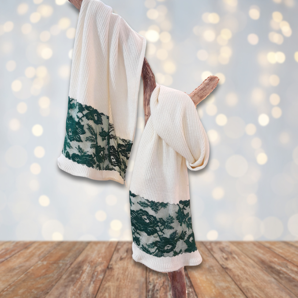 écharpe écrue viscose lurex dentelle vert foncé