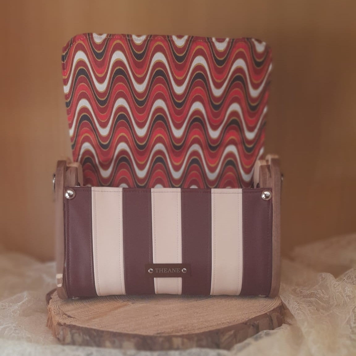 Mini sac bois et alter-cuir de raisin bordeaux et sable 150