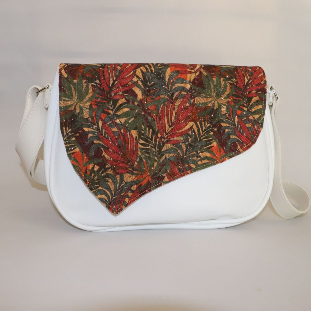 sac en alter cuir de raisin blanc rabat amovible liège imprimé à feuilles