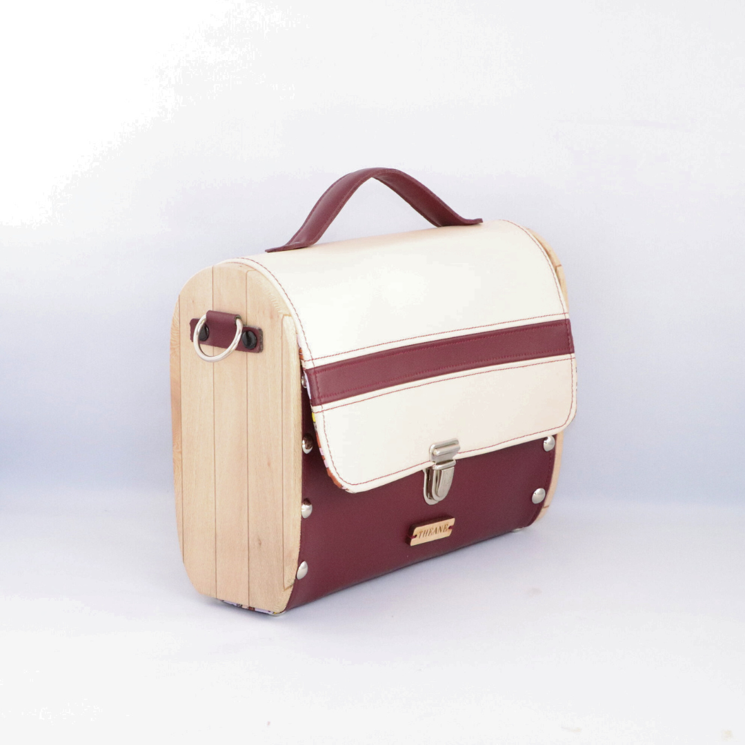 Petit sac cartable bois et alter-cuir de raisin sable et bordeaux 85