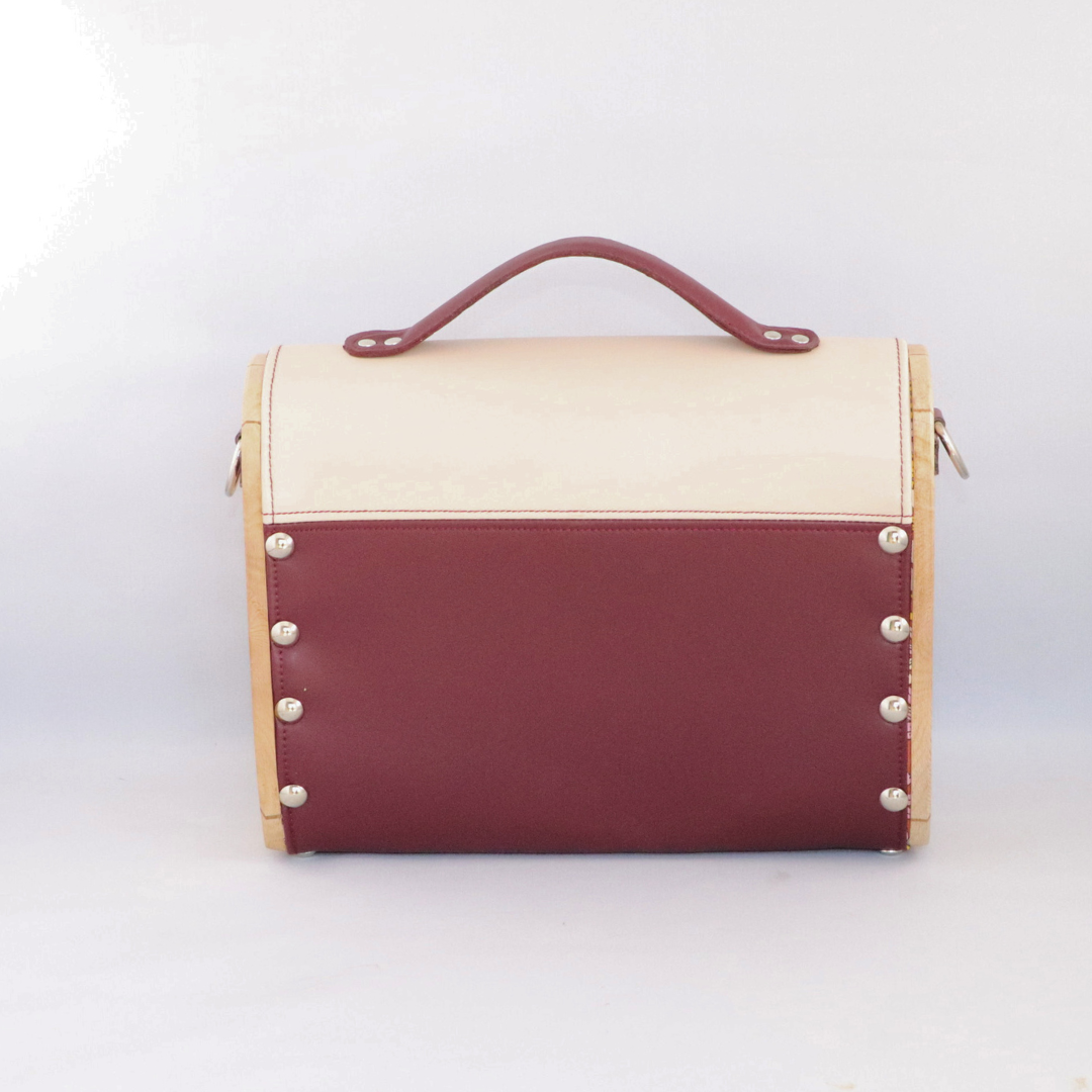 Petit sac cartable bois et alter-cuir de raisin sable et bordeaux 85