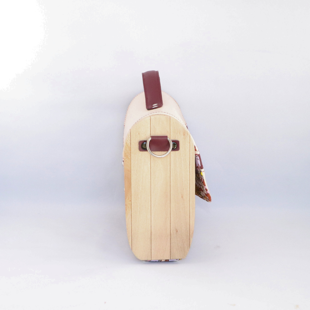 Petit sac cartable bois et alter-cuir de raisin sable et bordeaux 85