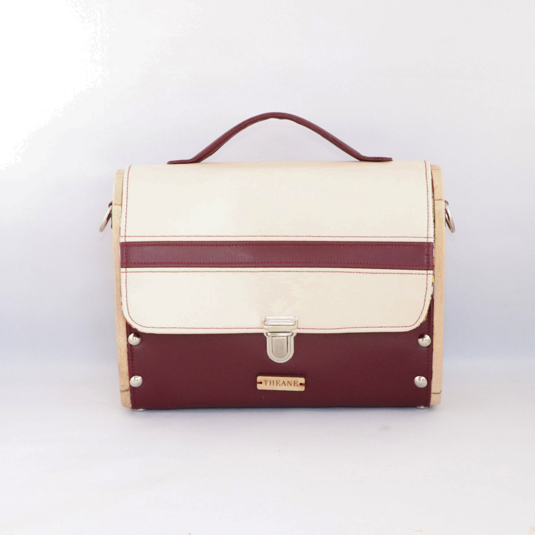 Petit sac cartable bois et alter-cuir de raisin sable et bordeaux 85