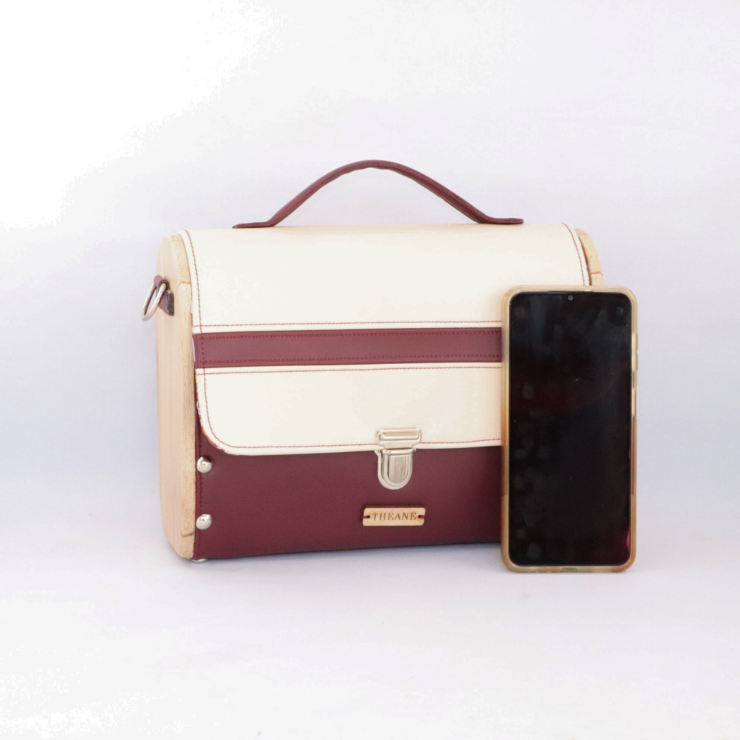 Petit sac cartable bois et alter-cuir de raisin sable et bordeaux 85