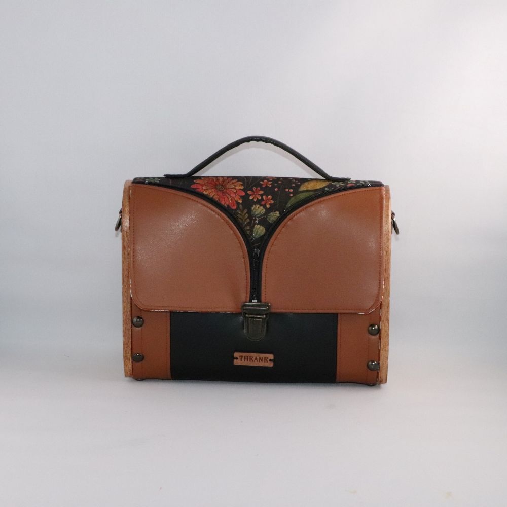 Petit sac cartable bois et alter-cuir de raisin caramel et liège 75