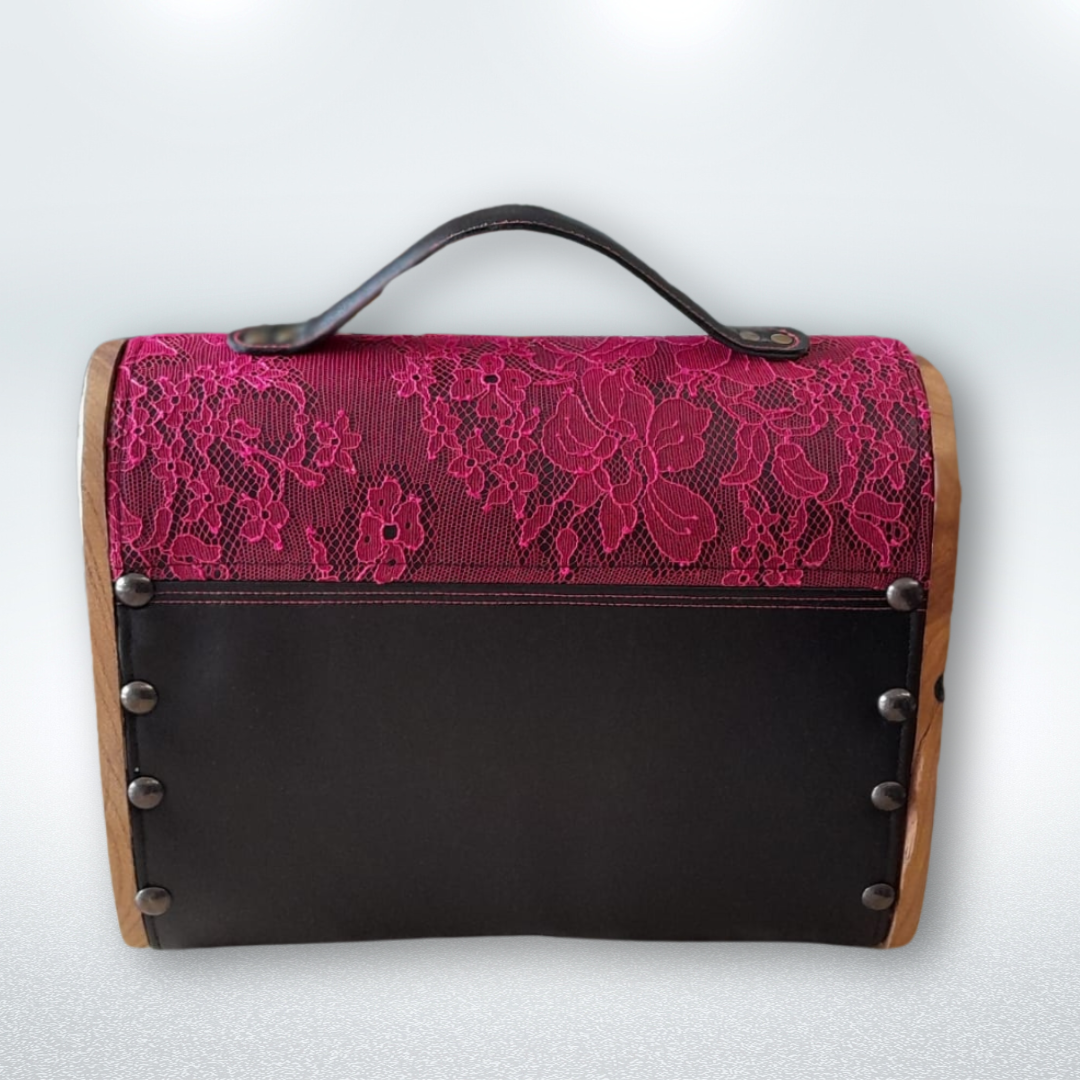 Petit sac cartable bois et alter-cuir de raisin noir et dentelle 91