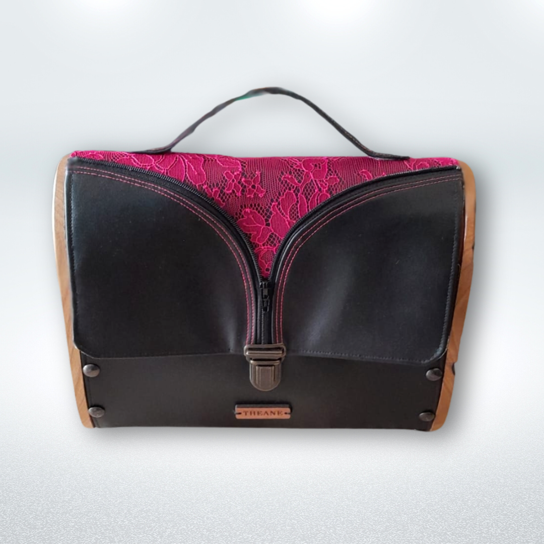 Petit sac cartable bois et alter-cuir de raisin noir et dentelle 91