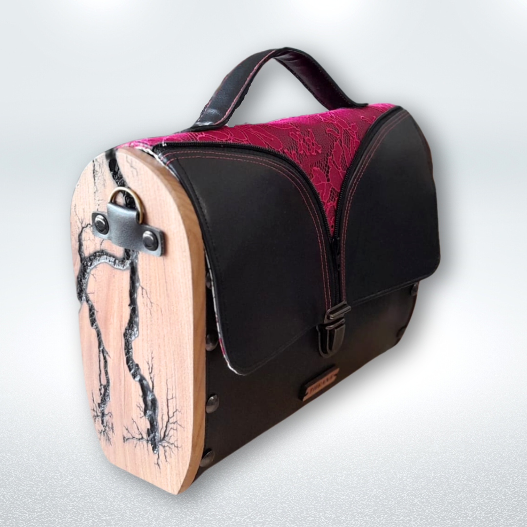 Petit sac cartable bois et alter-cuir de raisin noir et dentelle 91
