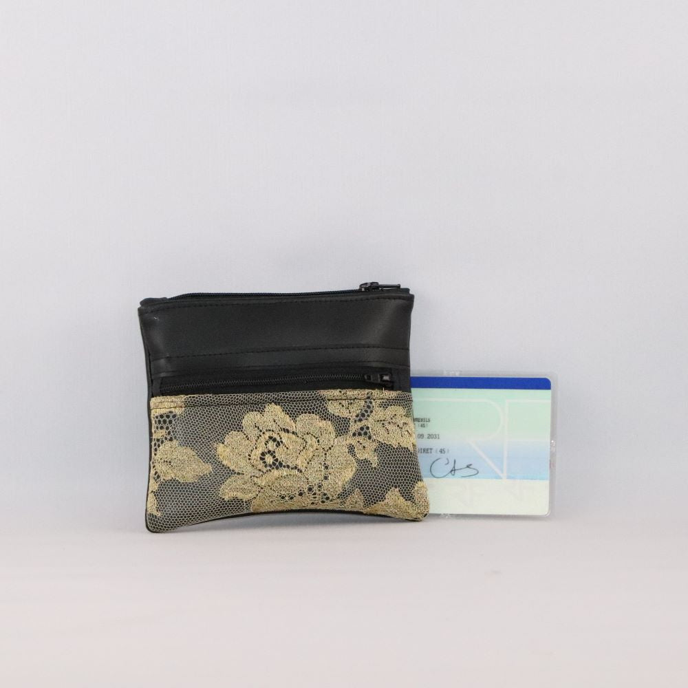 porte-monnaie alter-cuir de raisin noir et dentelle dorée avec carte identité