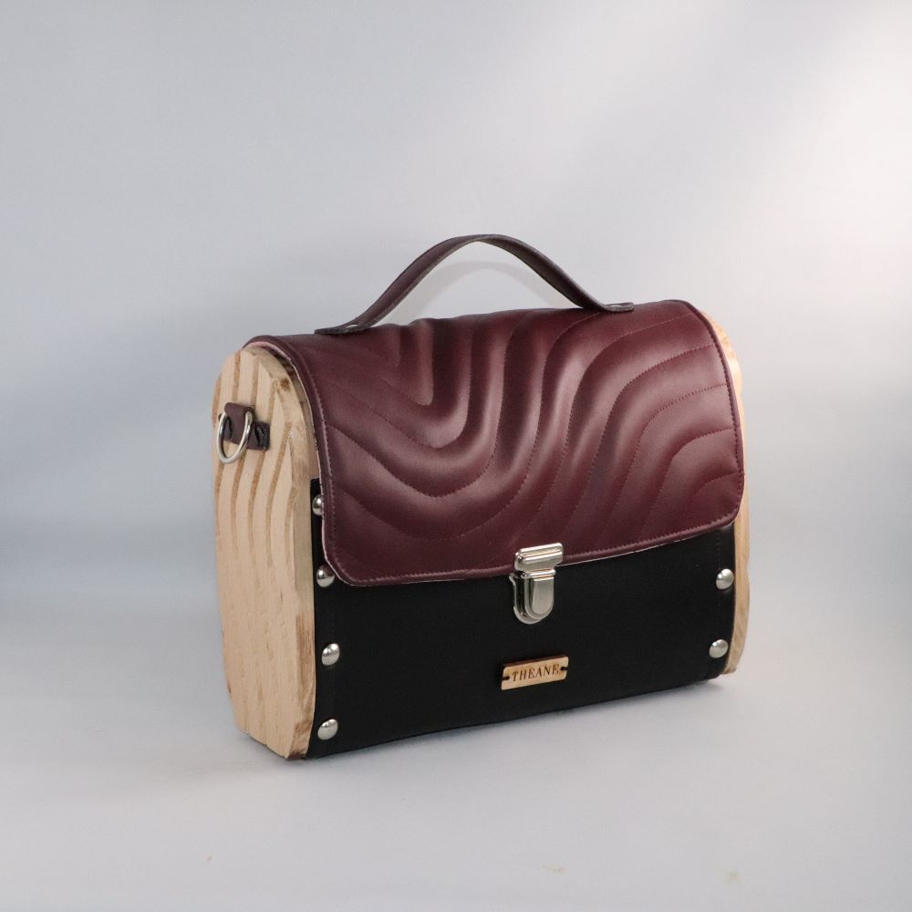 Petit sac cartable bois et alter-cuir de raisin bordeaux et noir 53