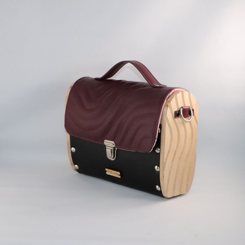 Petit sac cartable bois et alter-cuir de raisin bordeaux et noir 53