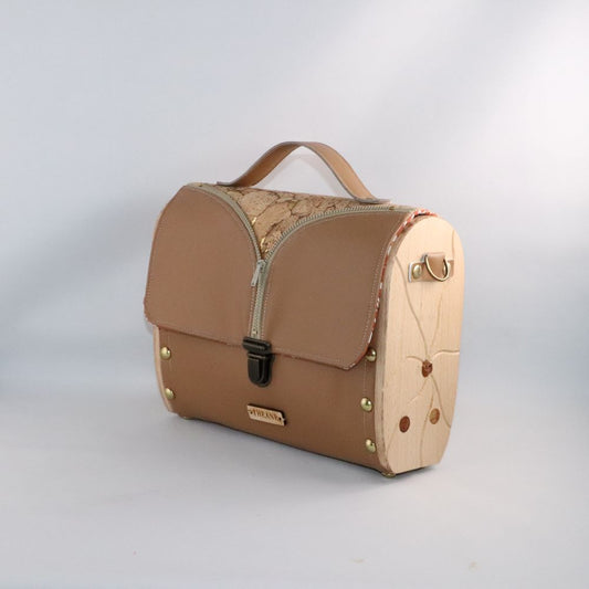 Petit sac cartable bois et alter-cuir de raisin camel et liège 61