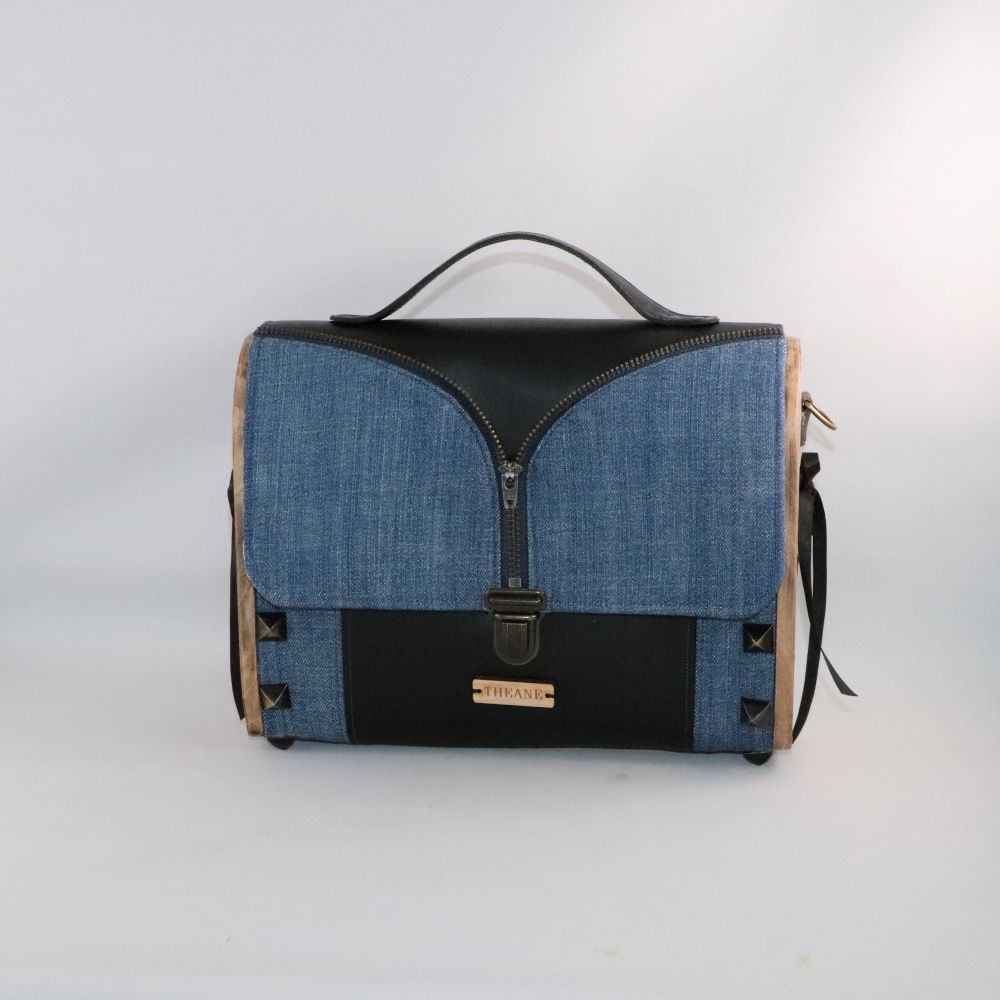 Petit sac cartable bois et alter-cuir de raisin noir et jean 64