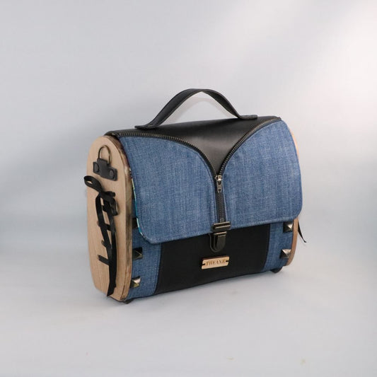 Petit sac cartable bois et alter-cuir de raisin noir et jean 64