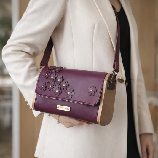 Mini sac fleurs raisin bordeaux et côtés en bois 