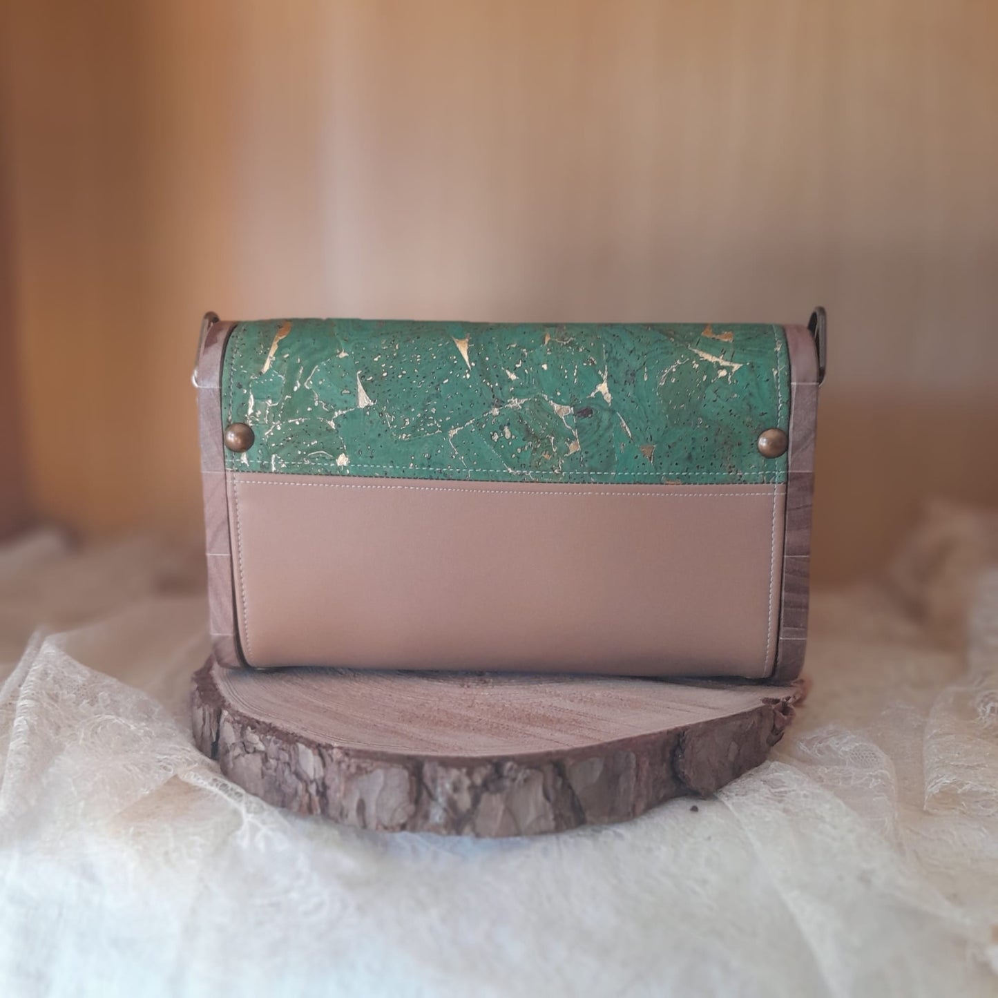 Mini sac camel liège vert et or bois noyer d'Amérique n°158