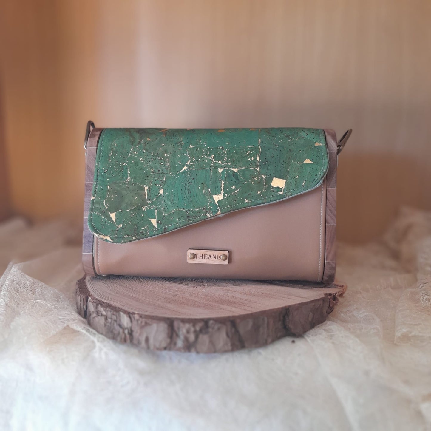 Mini sac camel liège vert et or bois noyer d'Amérique n°158