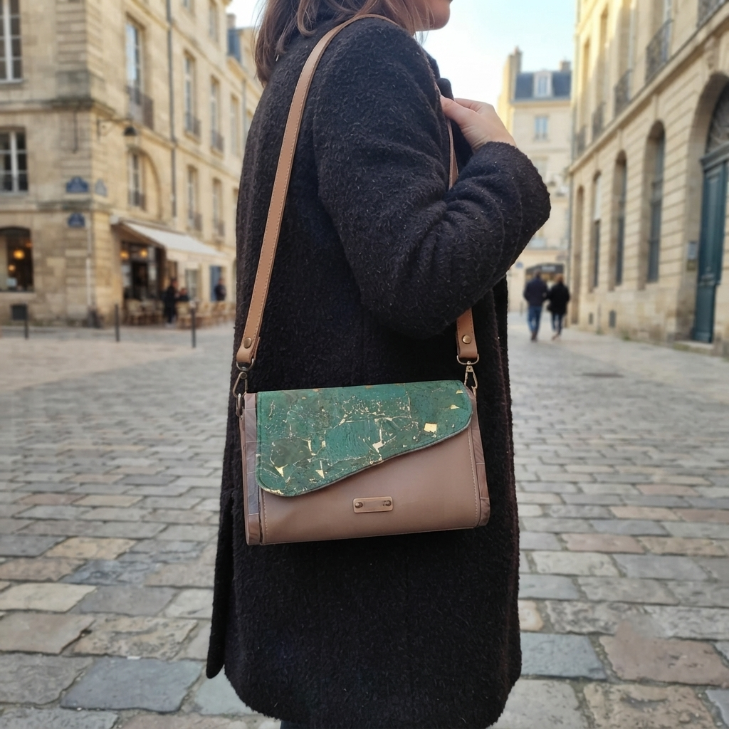 Mini sac camel liège vert et or bois noyer d'Amérique n°158
