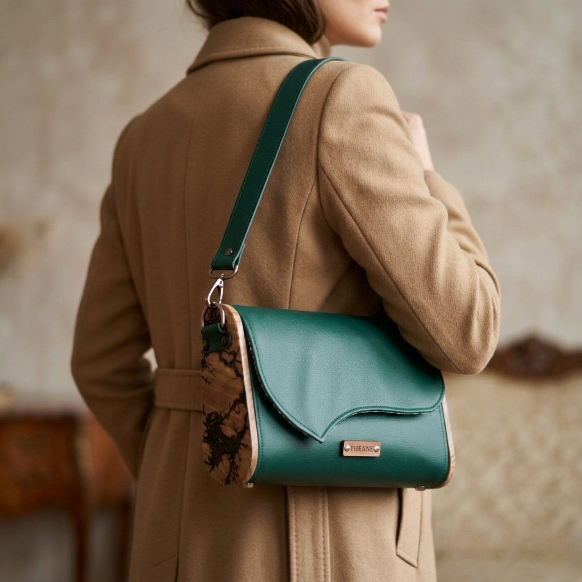 Femme portant mini sac bandoulière vert émeraude bois orme Lichtenberg