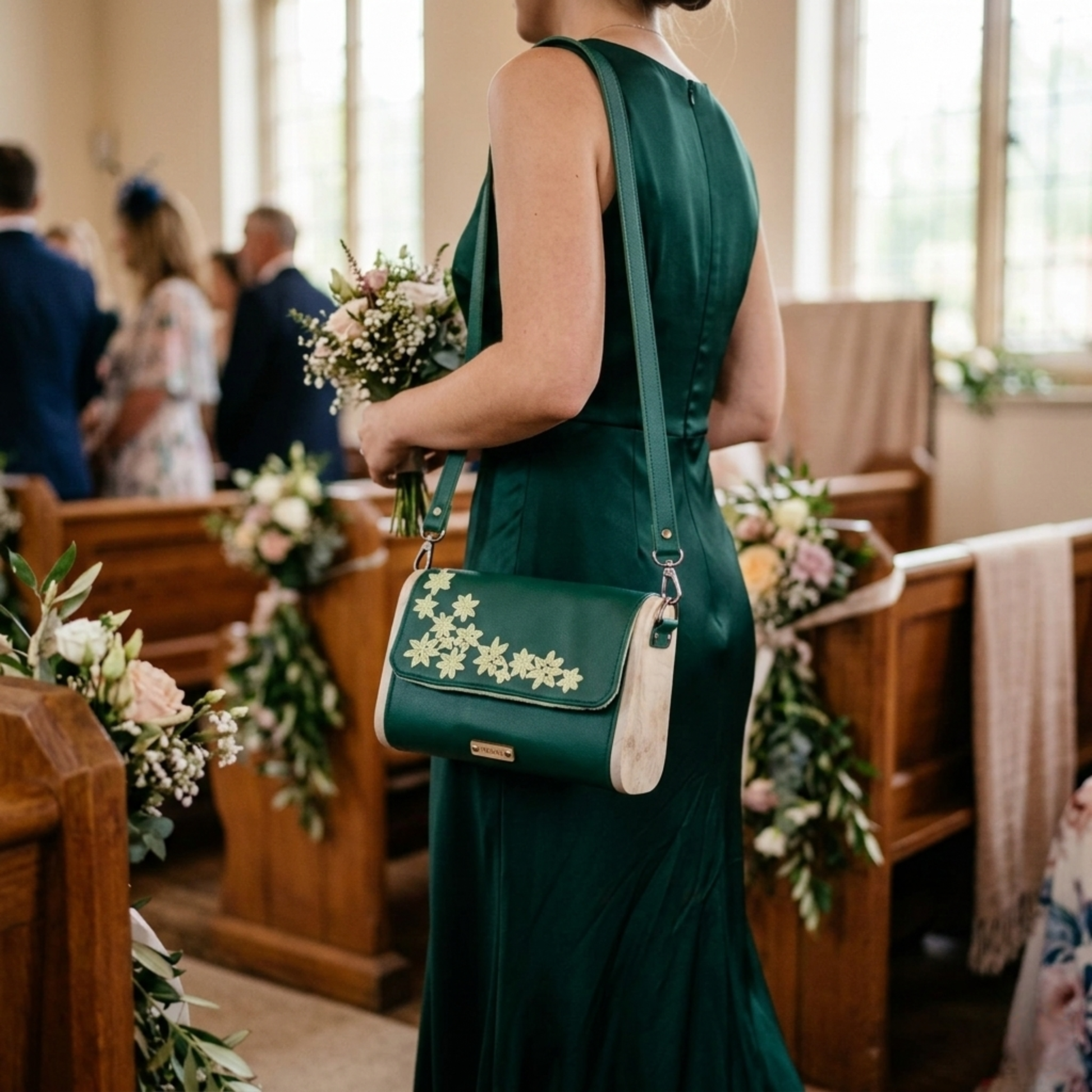 Mini sac vert émeraude broderie florale ivoire côtés bois loupe frêne porté épaule