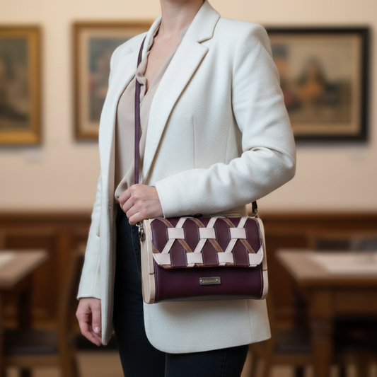 Mini sac artisanal tressé marc de raisin bordeaux avec côtés bois érable et chêne porté