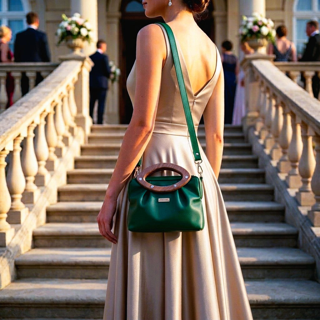 Sac plissé vert émeraude poignées noyer n°239