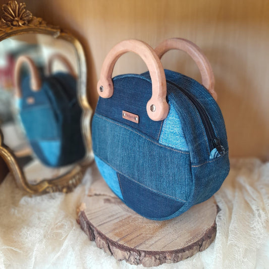 Petit sac rond bois et jean n°189