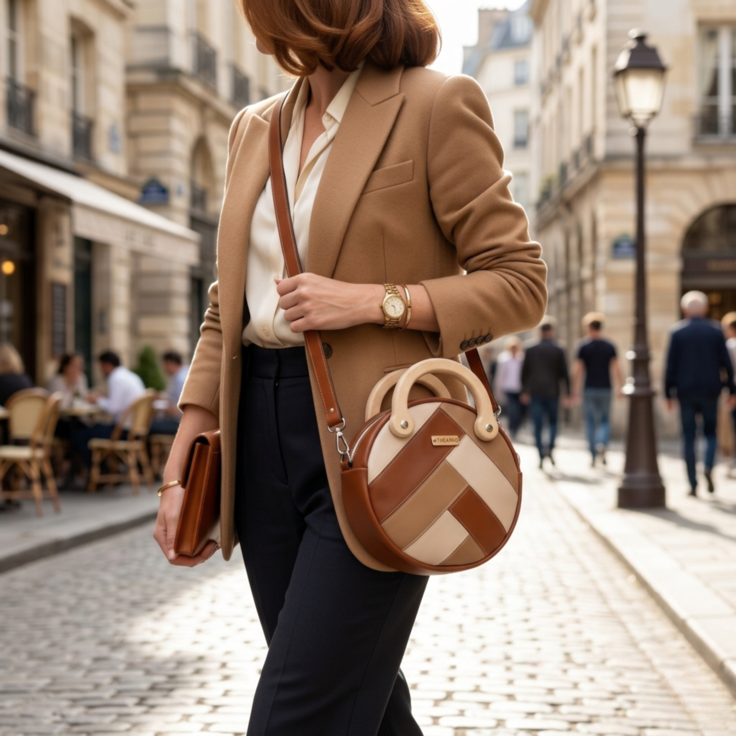 Petit sac rond raisin marron 3 tons poignées bois érable