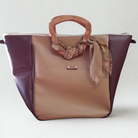 Sac cabas artisanal poignées bois poirier marc de raisin bordeaux et camel