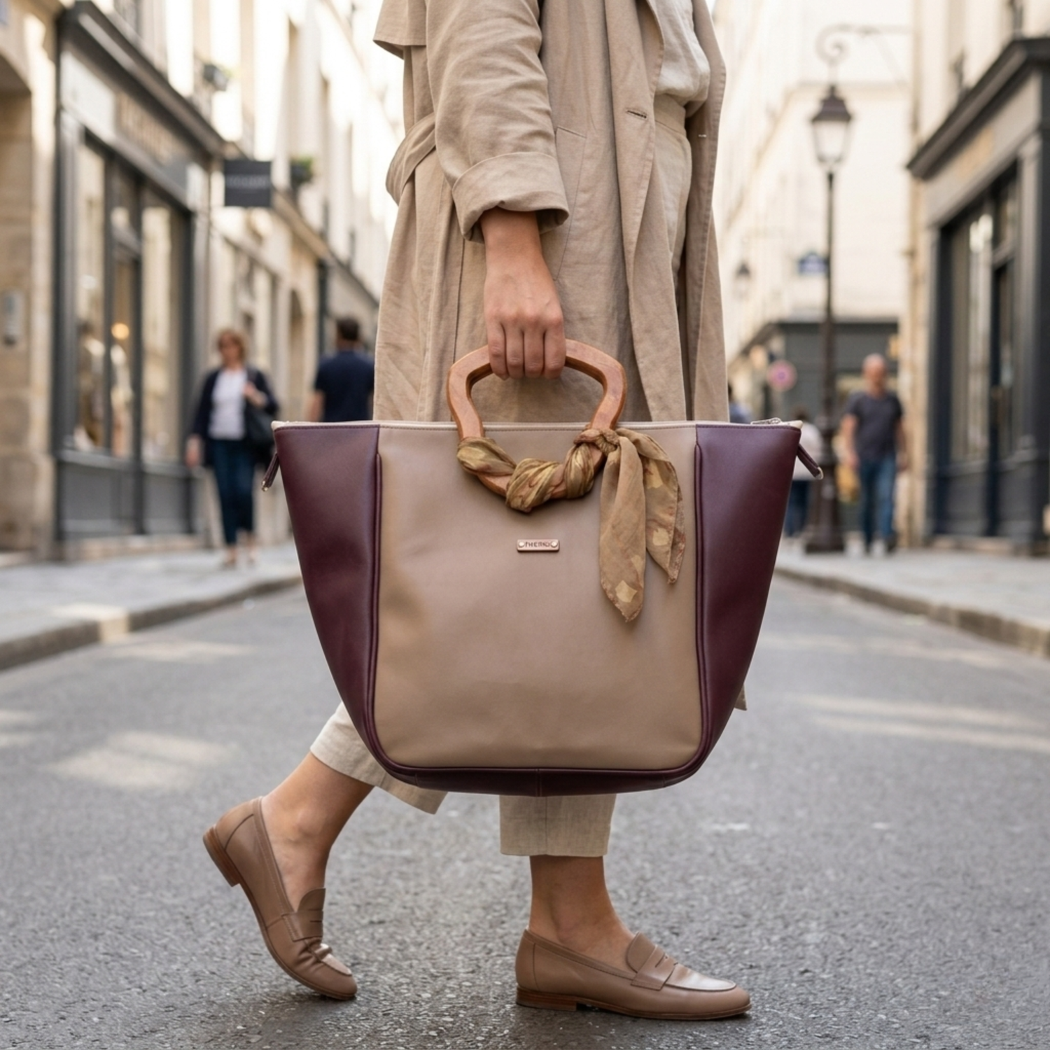 Sac cabas artisanal poignées bois poirier marc de raisin bordeaux et camel