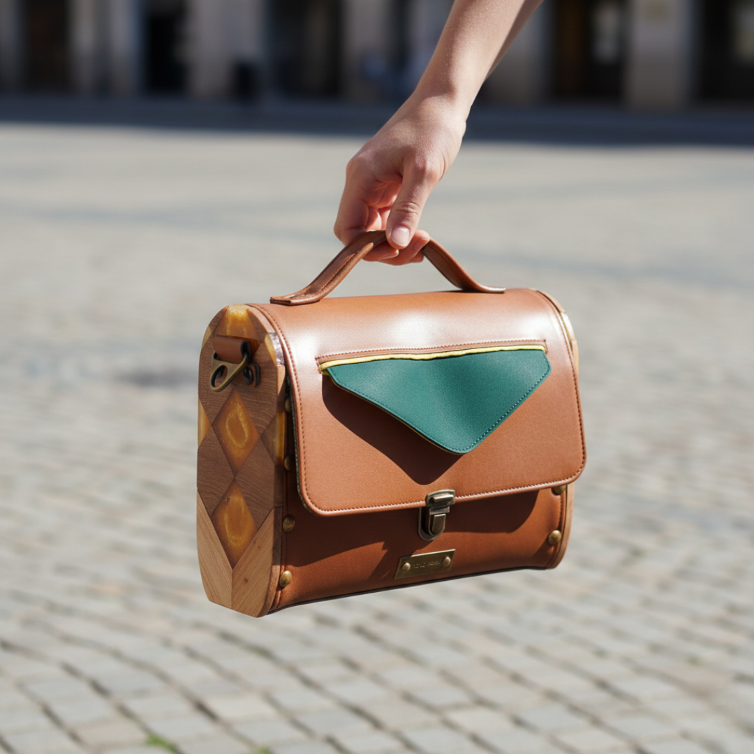 Petit sac cartable bois et alter-cuir de raisin caramel 119