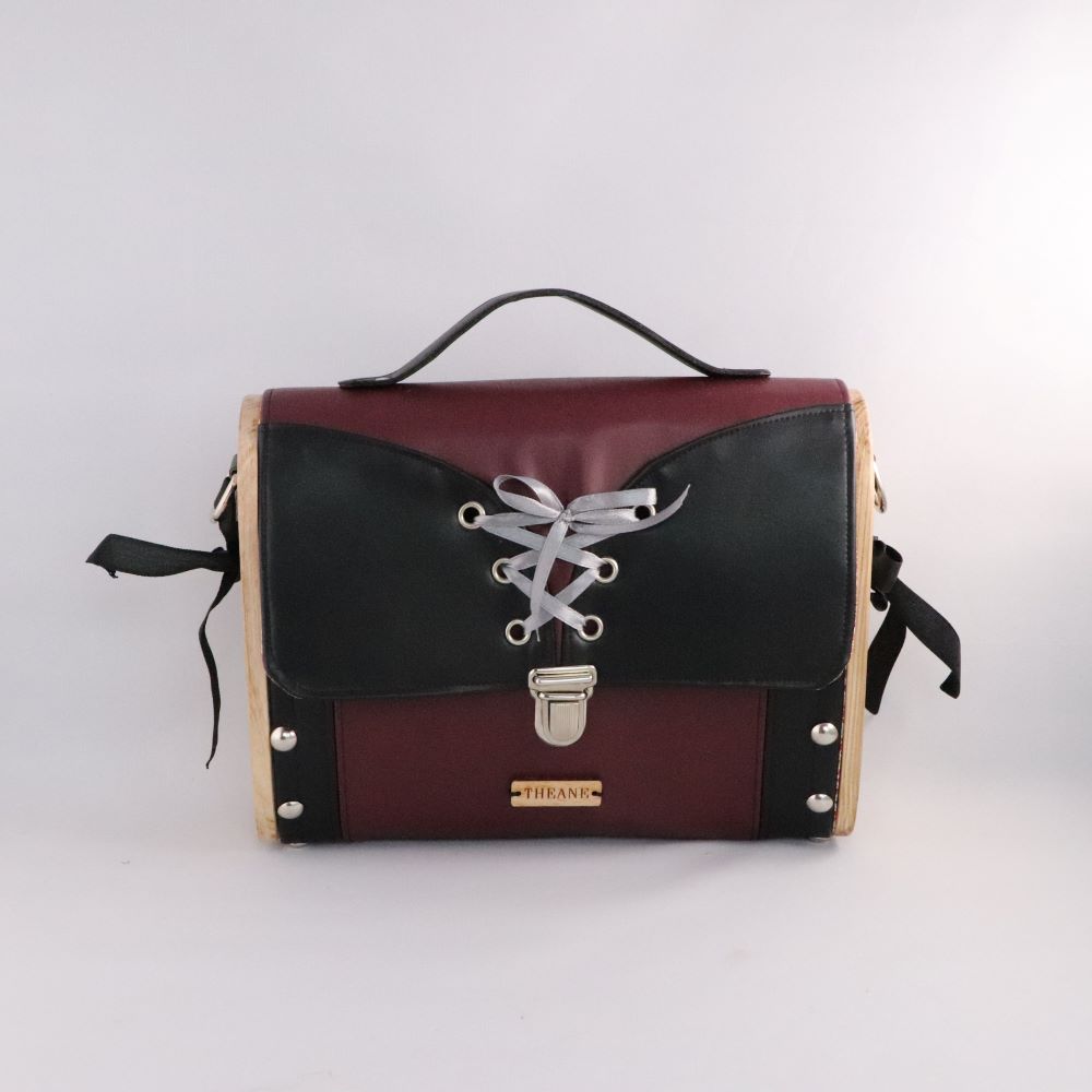 Petit sac cartable bois et alter-cuir de raisin bordeaux et noir 59