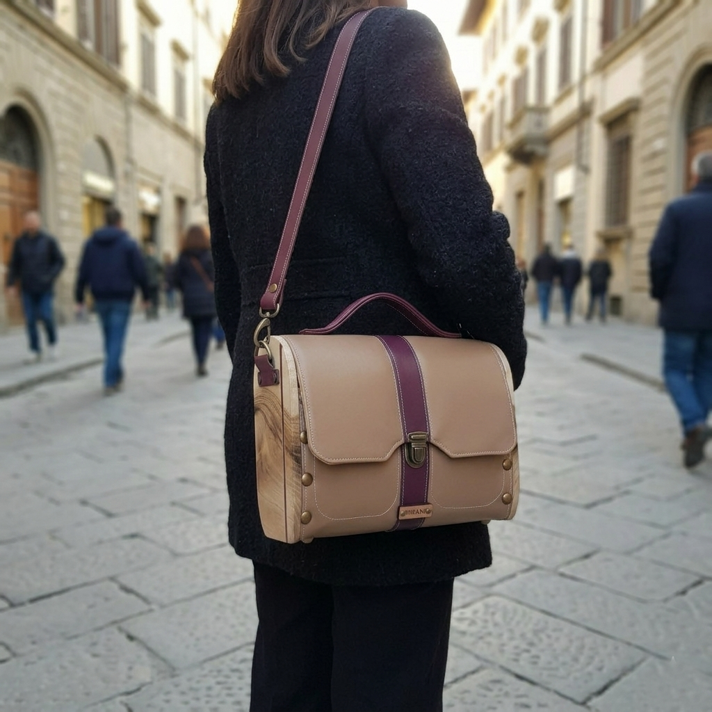 Sac cartable raisin camel et côtés en noyer