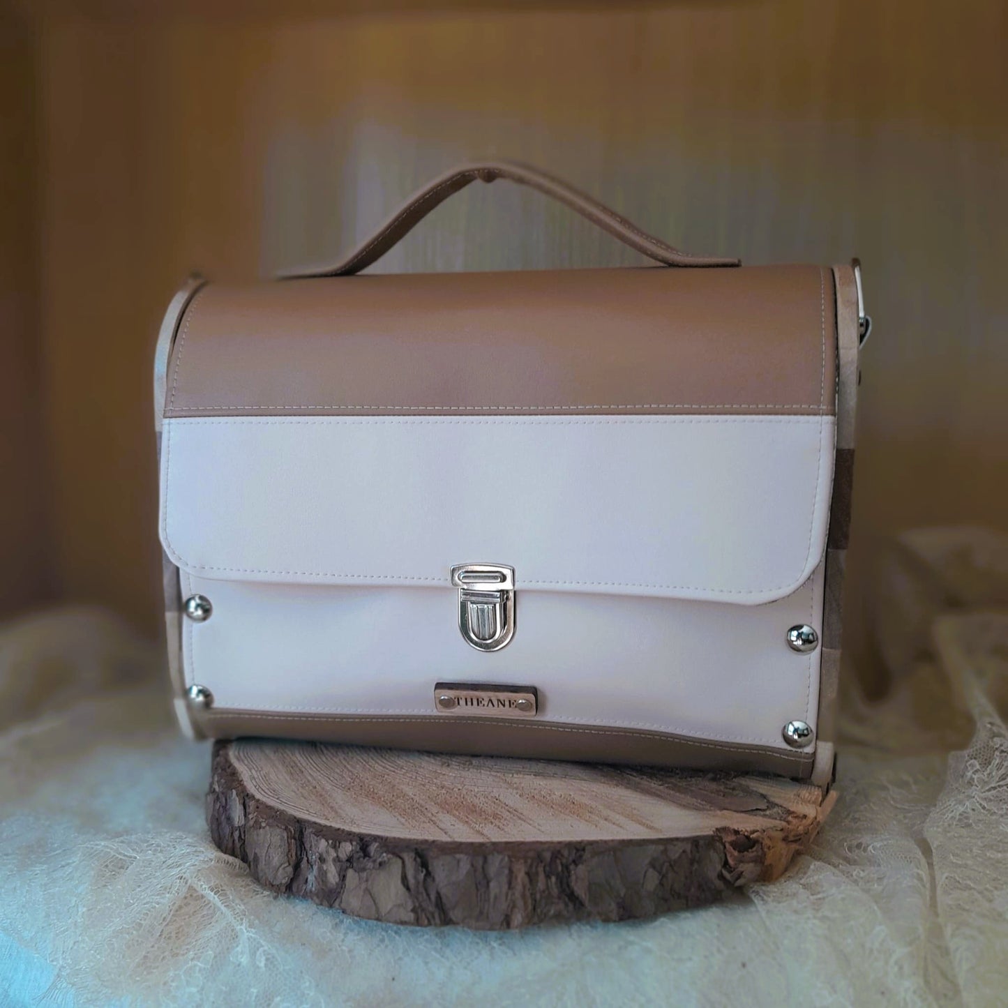 Sac cartable bicolore camel sable bois noyer érable n°176