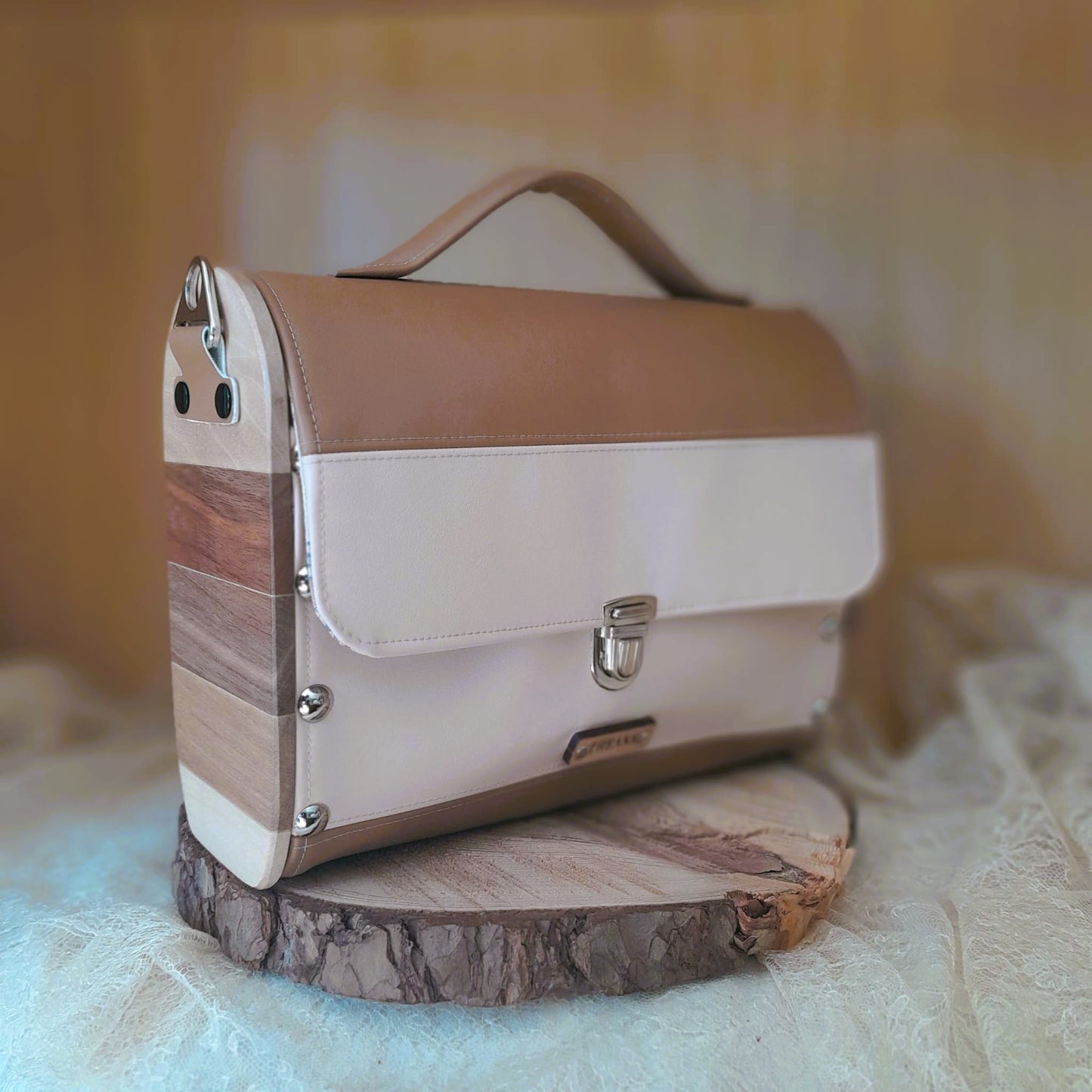 Sac cartable bicolore camel sable bois noyer érable n°176