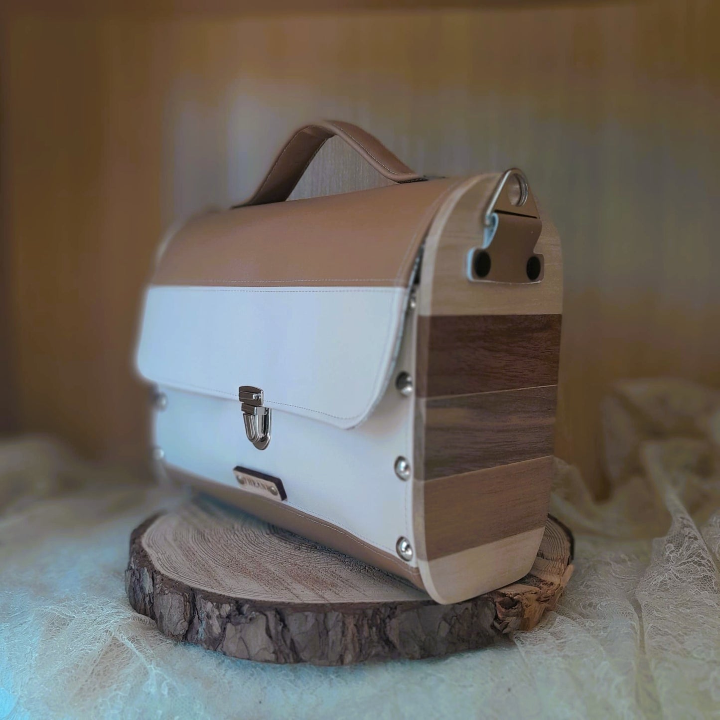 Sac cartable bicolore camel sable bois noyer érable n°176