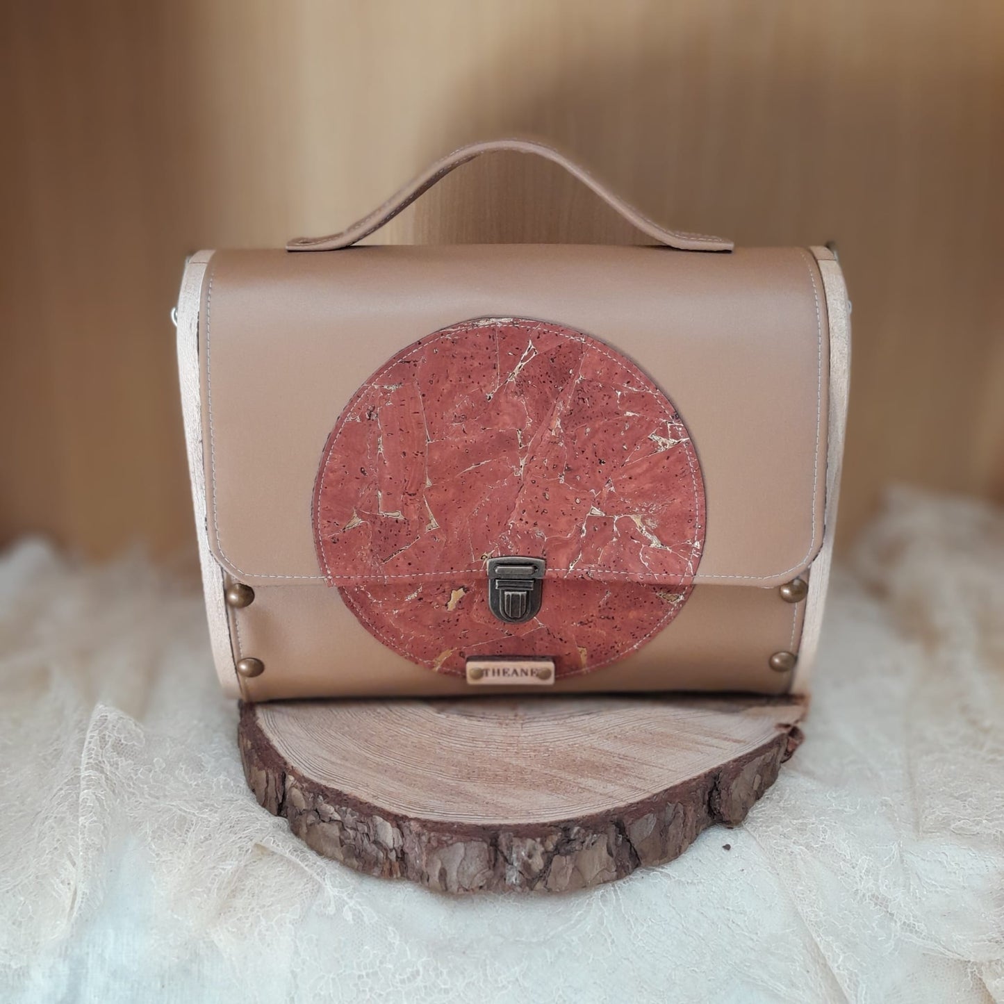 Sac cartable camel liège vermillon bois platane n°90