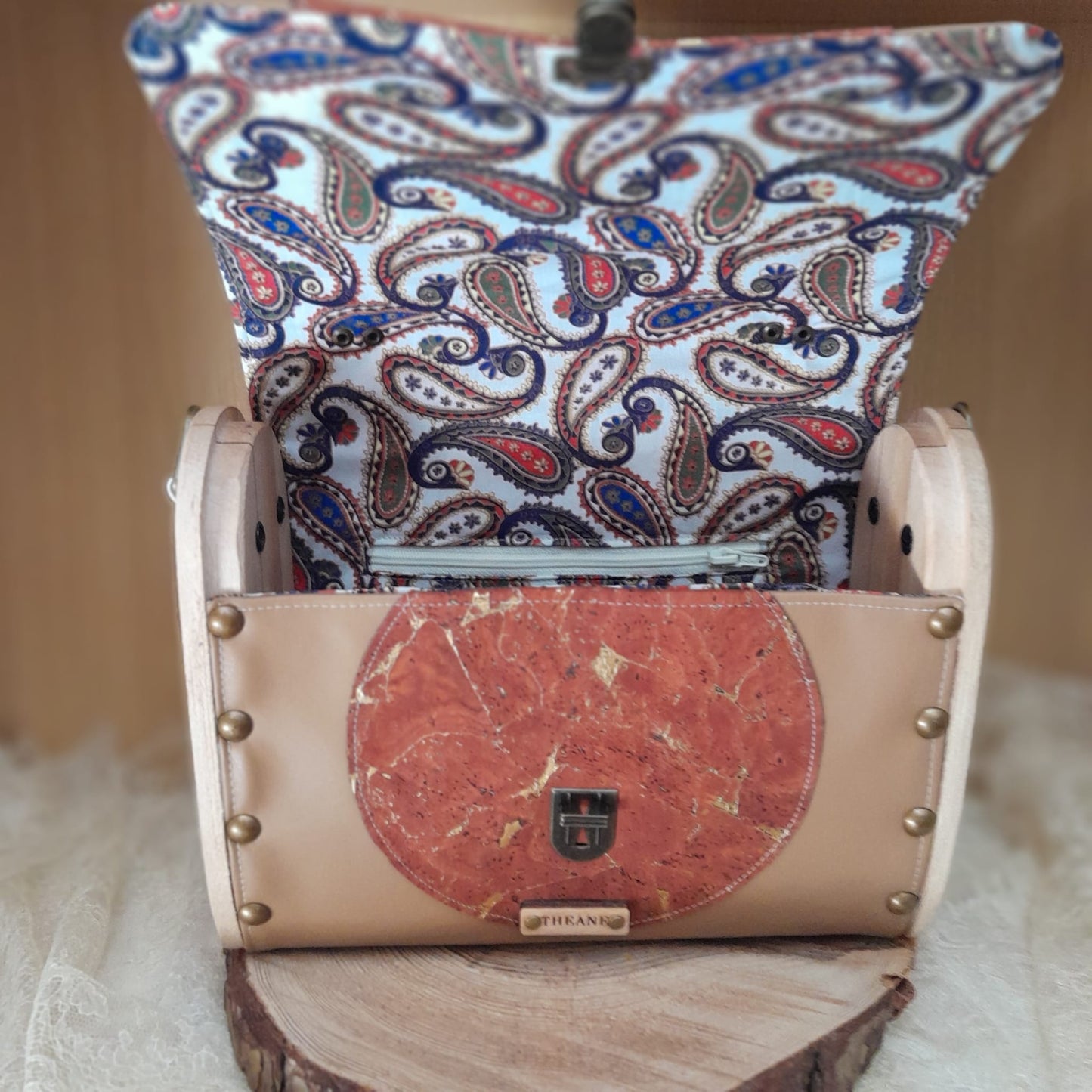 Sac cartable camel liège vermillon bois platane n°90