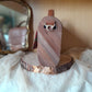 Sac cartable artisanal côtés bois noyer d'Amérique marc de raisin caramel fermeture cartouchière détail côtés