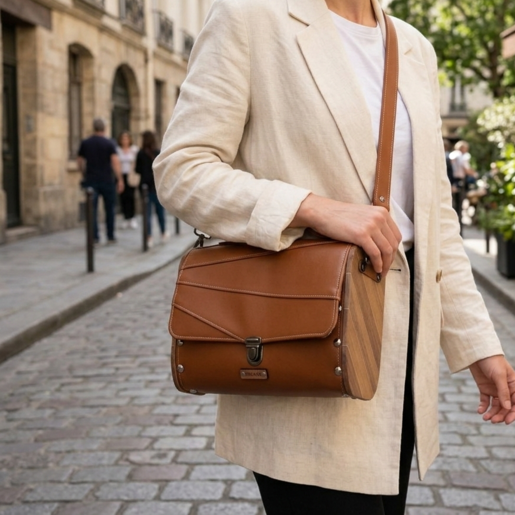 Sac cartable artisanal côtés bois noyer d'Amérique marc de raisin caramel fermeture cartouchière porté