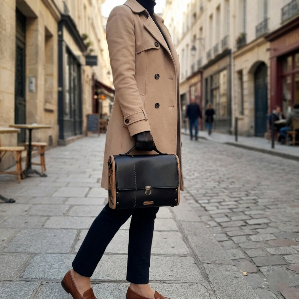 Sac cartable raisin noir côtés bois orme unique