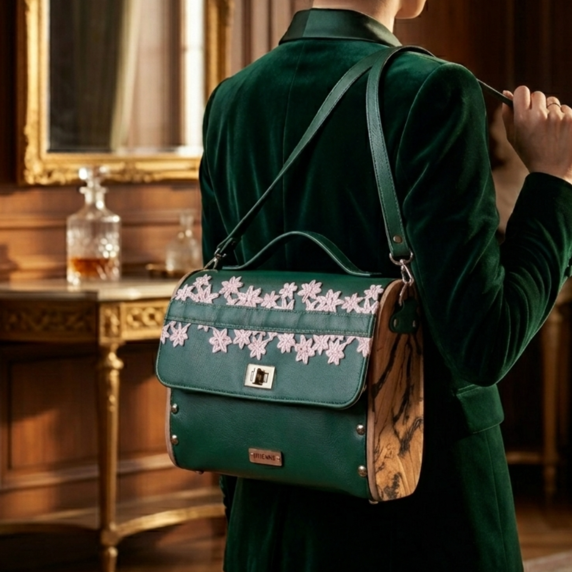 Sac cartable vert émeraude broderie florale rose bois orme Lichtenberg