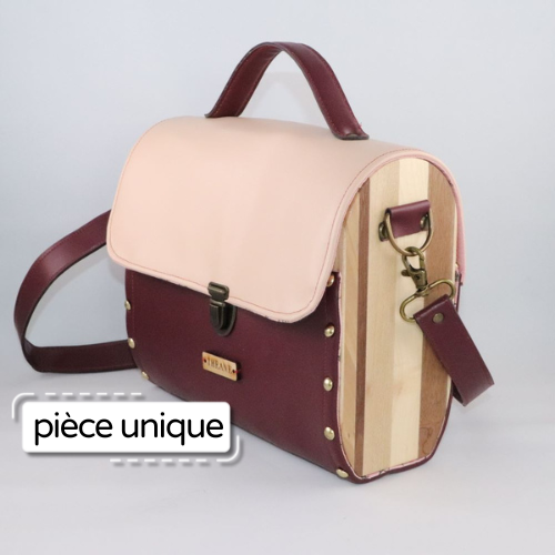 Petit sac cartable bois et alter-cuir de raisin bordeaux et beige rosé 3