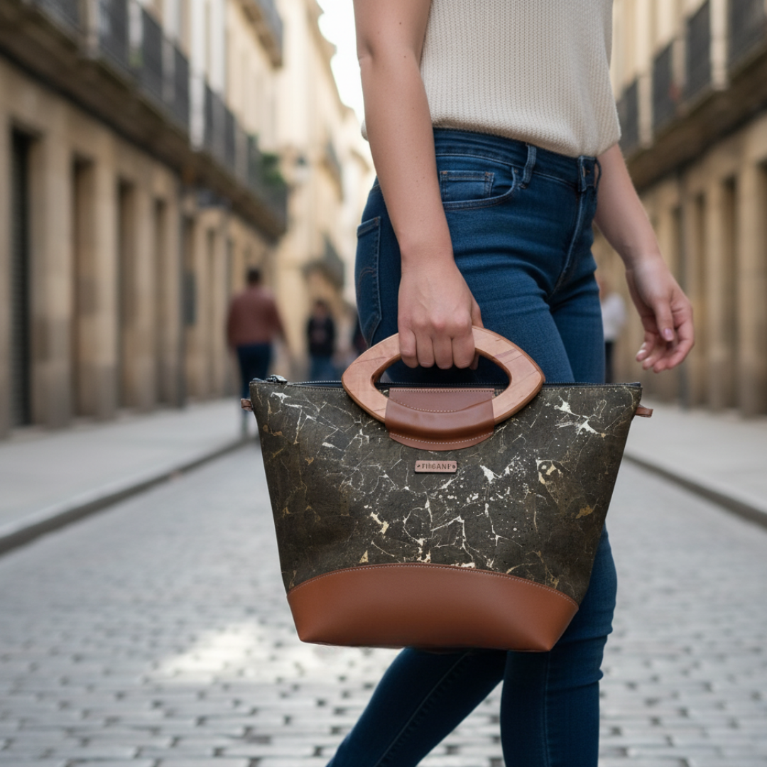 Sac cabas alter-cuir de raisin caramel, liège et poignées en bois 122