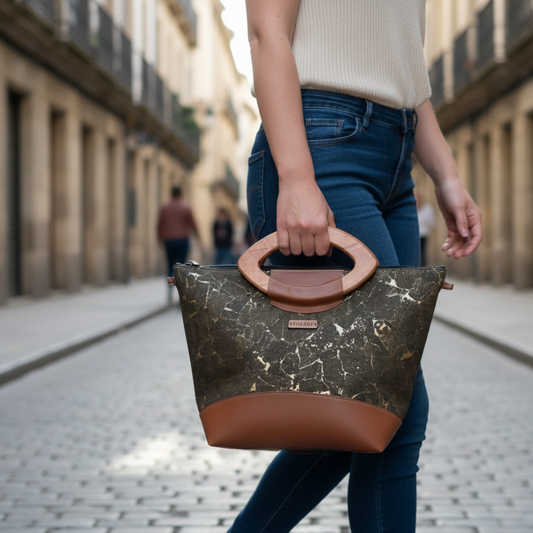 Sac cabas alter-cuir de raisin caramel, liège et poignées en bois 122